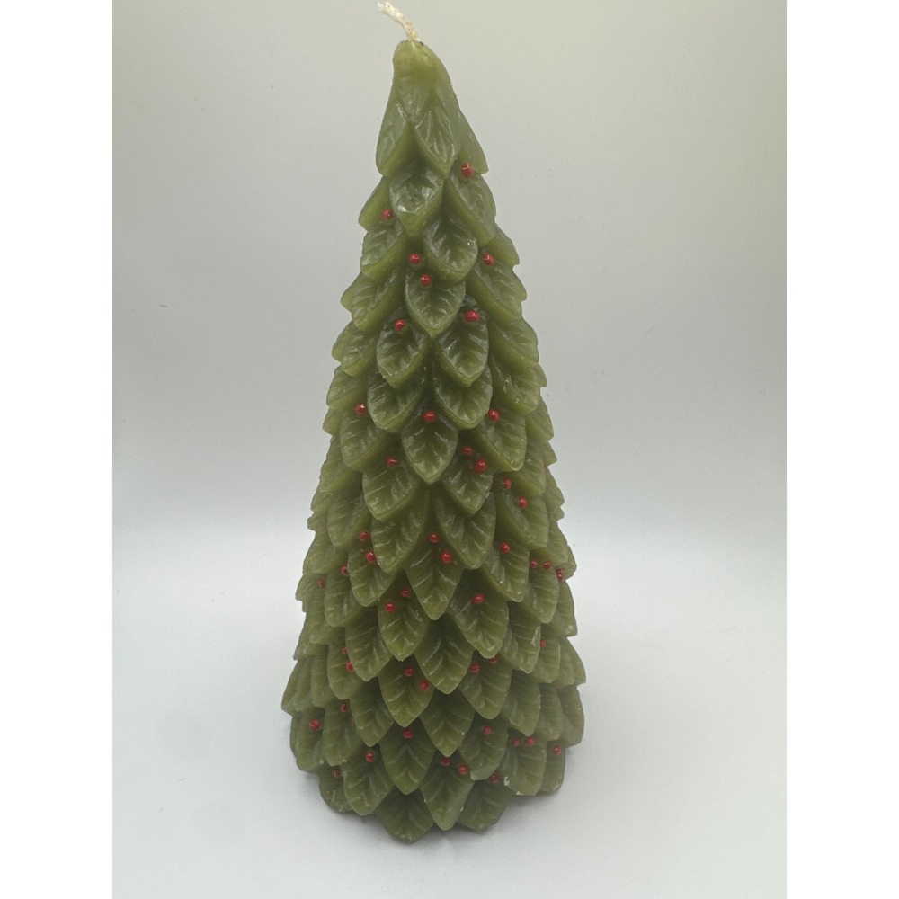 Crate and Barrel 7" Christmas Tree Candle Green Leaf Sculpted Berry 294-594